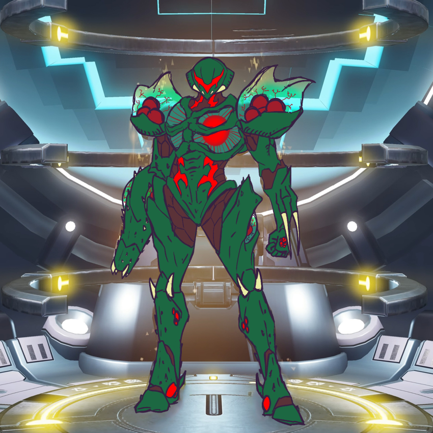 alternate_design arm_blade arm_cannon armor biomechanical biopunk carapace concept_art flat_color game_screenshot game_screenshot_background glaedrax green_armor highres metroid metroid_(creature) metroid_dread metroid_suit nintendo pauldrons power_armor power_suit power_suit_(metroid) redesign samus_aran screenshot_background shoulder_armor spiked_arm spikes transparent_armor weapon