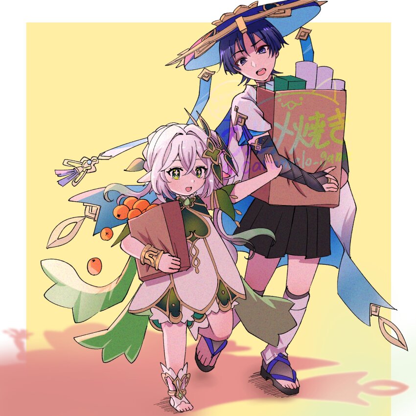 1boy 1girl anklet armlet armor bag black_bridal_gauntlets black_footwear black_leggings black_shorts bloomers blue_hat blue_sleeves blunt_ends blush border bracelet braid bridal_gauntlets bright_pupils cape caramelo_game cross-shaped_pupils crossed_bangs crown_braid detached_sleeves dress food fruit full_body furisode genshin_impact gold gold_ring gold_trim gradient_hair green_cape green_eyes green_hair green_sleeves hair_between_eyes hair_ornament hakama hakama_shorts hat highres holding holding_bag japanese_armor japanese_clothes jewelry jingasa kimono kote kurokote layered_sleeves leaf leaf_hair_ornament leg_warmers leggings long_hair looking_at_another looking_down mandarin_orange mid-stride middle_ring multicolored_hair nahida_(genshin_impact) open_hand open_mouth outstretched_arm paper_bag partially_shaded_face pleated_shorts purple_eyes purple_hair sandals scaramouche_(genshin_impact) shadow short_sleeves shorts side_ponytail sidelocks standing stirrup_footwear stirrup_legwear symbol-shaped_pupils teeth toeless_legwear toes underwear upper_teeth_only wanderer_(genshin_impact) watermark white_bloomers white_border white_dress white_footwear white_hair white_leg_warmers white_pupils white_sleeves yellow_background zouri