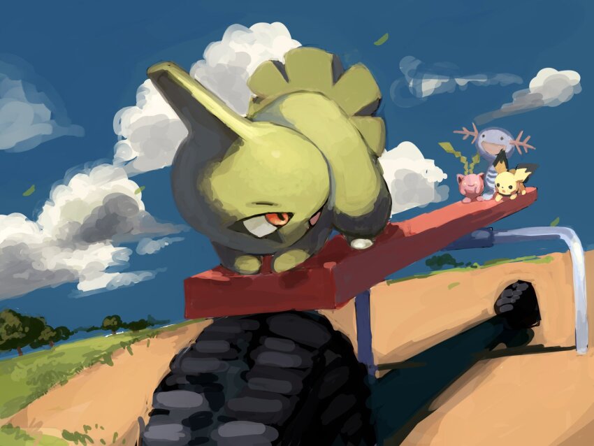 animal_focus blue_sky cloud colored_skin day gen_2_pokemon grass green_skin highres hoppip kfkgot7ig2r5265 larvitar nintendo no_humans open_mouth pichu pokemon pokemon_(creature) pokemon_focus red_eyes sky smile tree wheel wooper