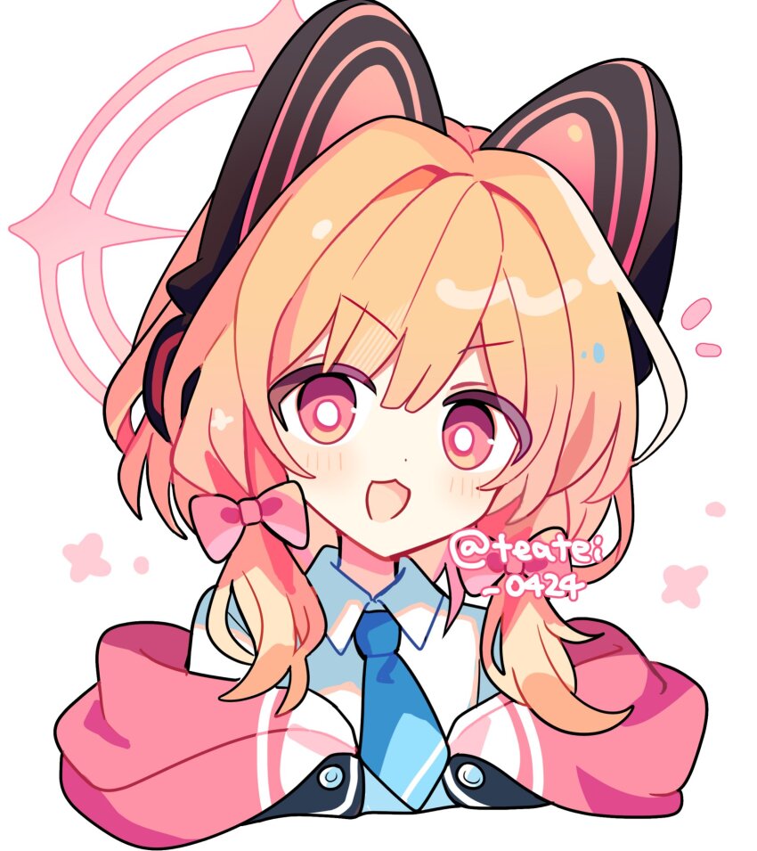 1girl :d animal_ear_headphones animal_ears blonde_hair blue_archive blue_necktie blush bow cat_ear_headphones collared_shirt commentary cropped_torso dot_nose fake_animal_ears hair_bow halo headphones highres jacket looking_at_viewer medium_hair momoi_(blue_archive) necktie off_shoulder open_mouth pink_bow pink_eyes pink_halo pink_jacket shirocha_tei shirt simple_background smile solo twitter_username v-shaped_eyebrows white_background white_shirt
