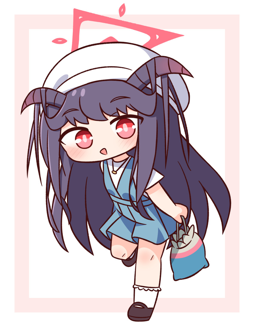 1girl :d bag blue_archive blue_dress blush brown_shoes chibi chibi_only commentary dress full_body fuuka_(blue_archive) fuuka_(casual)_(blue_archive) hair_on_horn halo hana_kazari hat highres holding holding_bag horns leg_up long_hair looking_at_viewer open_mouth purple_hair purple_horns red_eyes red_halo shoes short_sleeves simple_background smile socks solo standing standing_on_one_leg white_background white_hat white_socks