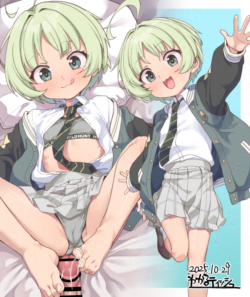 1boy 1girl :3 :d :q adversarial_noise ahoge bar_censor barefoot blue_archive bra brown_shoes cameltoe censored closed_mouth collared_shirt dated diagonal-striped_clothes diagonal-striped_necktie disembodied_penis feet flat_chest footjob green_hair grey_bra grey_eyes grey_jacket grey_necktie grey_panties grey_skirt hetero highres jacket kanabun loli long_sleeves lying multiple_views necktie on_back open_clothes open_jacket open_mouth open_shirt paid_reward_available panties penis pleated_skirt puffy_long_sleeves puffy_sleeves ritsu_(blue_archive) shirt shoes short_hair signature skirt sleeves_past_wrists smile socks spread_legs striped_clothes toes tongue tongue_out training_bra two-footed_footjob underwear white_shirt white_socks