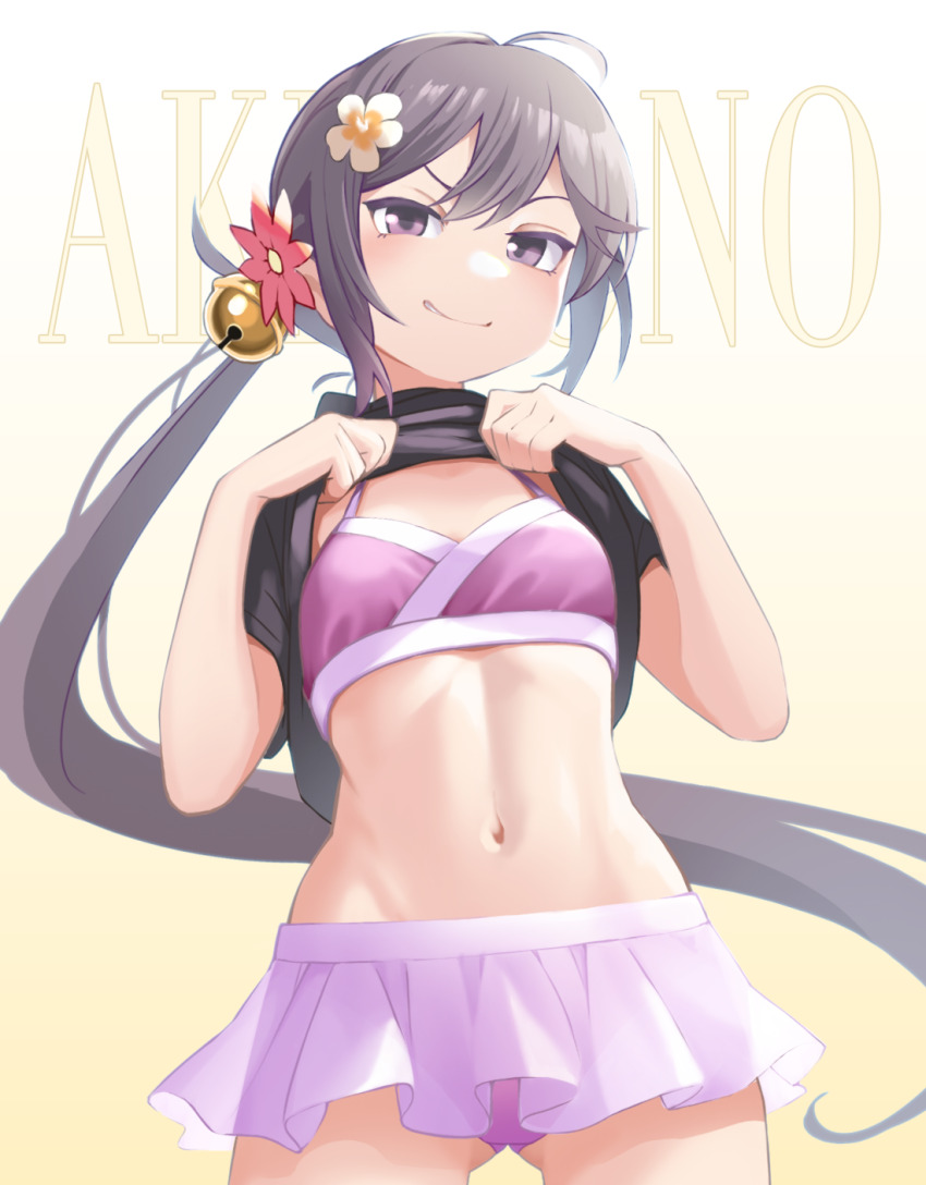 1girl ahoge akebono_(kancolle) akebono_kai_ni_(kancolle) akebono_kai_ni_(swimsuit)_(kancolle) bell bikini black_shirt blush character_name clothes_lift cowboy_shot flower from_below gradient_background grin hair_bell hair_flower hair_ornament highres jingle_bell kantai_collection long_hair looking_at_viewer looking_down mizoki_kei navel pink_bikini pink_flower purple_eyes purple_hair shirt shirt_lift short_sleeves side_ponytail smile solo swimsuit white_flower