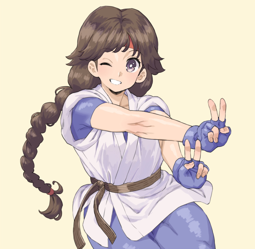 1girl braid brown_hair commentary_request double_v dougi fingerless_gloves gloves highres long_hair looking_at_viewer one_eye_closed ryuuko_no_ken smile solo the_king_of_fighters twin_braids v wakaho_riku yuri_sakazaki