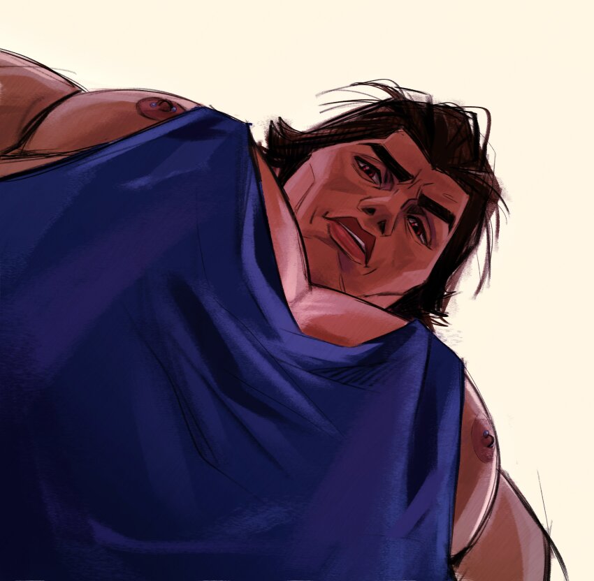 1boy absurdres bara blue_tank_top cheekbones dark-skinned_male dark_skin foreshortening from_below highres large_pectorals lips looking_at_viewer looking_down male_focus marvel meme miguel_o&#039;hara muscular muscular_male nipples pectoral_cleavage pectoral_focus pectorals short_hair solo spider-man:_across_the_spider-verse spider-man_(series) spider-verse tank_top thick_eyebrows upper_body yakichou pec_pov_(meme)