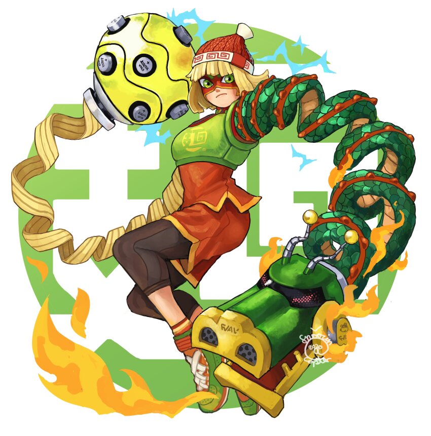 1girl 2020 absurdres arms_(game) blonde_hair commentary domino_mask dragon_(arms) electricity english_commentary fire frown full_body green_eyes highres knit_hat mask megawatt_(arms) min_min_(arms) pants_under_shorts serious shoes short_hair signature sneakers snoozincopter solo