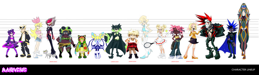 6+girls absurdres blonde_hair blue_hair bow cape chest_harness coat dark-skinned_female dark_skin dreadlocks dress echo_(marnielovesyou) goth_fashion grey_hair hair_bow harness height_chart highres holding holding_instrument instrument jagger_(marnielovesyou) lineup long_hair marnie_(marnielovesyou) mary_(marnielovesyou) multiple_girls o-ring o-ring_harness orange_hair original pale_skin peepee_(marnielovesyou) pink_hair purple_hair sasha_(marnielovesyou) shorts skylar_(marnielovesyou) smile sunglasses very_dark_skin