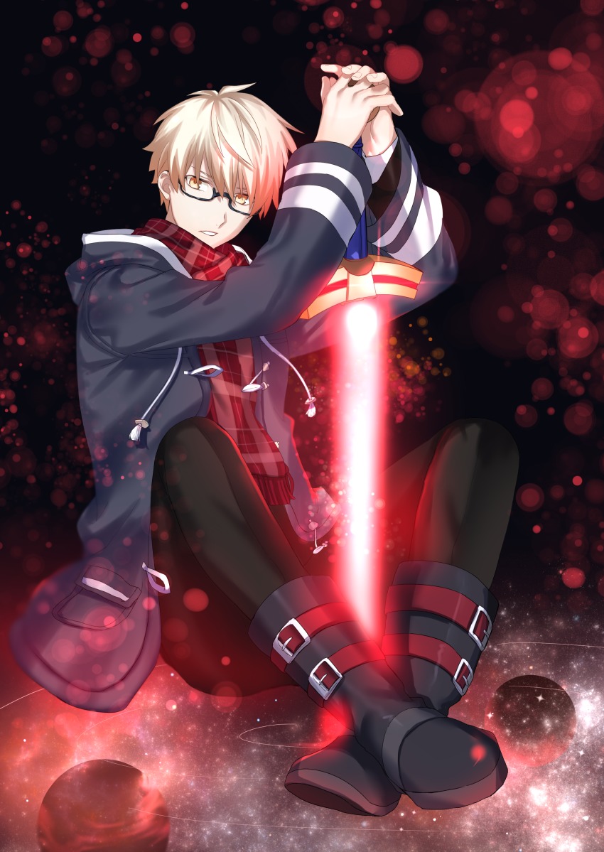 1boy absurdres arthur_pendragon_(fate) artoria_pendragon_(fate) bad_id bad_pixiv_id blonde_hair commentary_request cosplay excalibur_(fate/stay_night) fate/grand_order fate/prototype fate_(series) glasses highres holding holding_sword holding_weapon jacket looking_at_viewer male_focus mysterious_heroine_x_alter_(fate) mysterious_heroine_x_alter_(fate)_(cosplay) mysterious_heroine_x_alter_(first_ascension)_(fate) scarf seseragi_azuma sitting solo sword weapon yellow_eyes