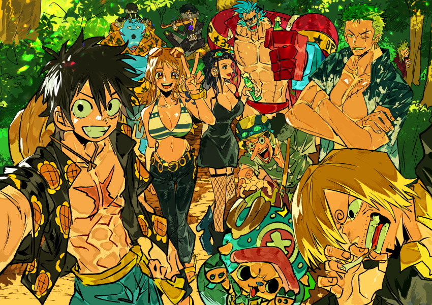 2girls 6+boys abs absurdres antlers antlers_through_headwear bare_shoulders bartolomeo belt bikini bikini_top_only black_dress black_hair black_jacket blonde_hair blue_hair blue_shorts blue_skin bracelet breasts brook_(one_piece) cleavage collarbone colored_skin commentary_request cross_scar cyborg dappled_sunlight denim dress earrings eyewear_on_head facial_hair facial_scar fish_boy fishnet_thighhighs fishnets franky_(one_piece) goggles goggles_on_headwear green_hair grin halterneck hand_up hat height_difference hiding highleg highleg_bikini highres horns instrument jacket jeans jewelry jinbe_(one_piece) large_breasts log_pose long_hair long_nose looking_at_another looking_at_viewer midriff monkey_d._luffy multiple_boys multiple_girls music nami_(one_piece) navel nico_robin one_piece open_clothes open_shirt orange_hair orange_shirt outdoors pants playing_instrument red_shirt reindeer_antlers roronoa_zoro sandals sanji_(one_piece) sash scar scar_across_eye scar_on_cheek scar_on_chest scar_on_face shirt short_hair shorts shoulder_tattoo single_sidelock skeleton skull smile standing stomach straw_hat straw_hat_pirates sunglasses sunlight swimsuit tattoo teeth thighhighs tony_tony_chopper tree unworn_hat unworn_headwear usopp v violin wavy_hair xi_luo_an_ya yellow_sash