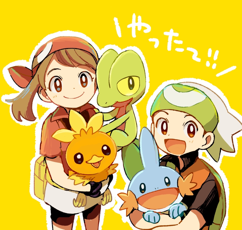 1boy 1girl :d bandana blue_eyes brendan_(pokemon) brown_hair game_freak gen_3_pokemon green_bag green_hairband hairband highres holding holding_pokemon looking_at_viewer may_(pokemon) mudkip nintendo on_shoulder open_mouth outline pokemon pokemon_(creature) pokemon_emerald pokemon_on_shoulder pokemon_rse popcorn_91 red_bandana red_shirt shirt short_hair smile starter_pokemon_trio torchic treecko white_hair white_outline yellow_background yellow_bag