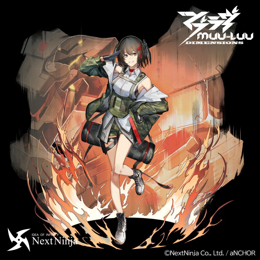 1girl absurdres assault_visor boots breasts brown_eyes brown_hair choker collared_shirt copyright_name f-15j_kagerou fixro2n full_body grey_footwear grey_shorts hair_ribbon hand_on_own_hip headset highres logo looking_at_viewer mecha medium_breasts muv-luv muv-luv:_dimensions muv-luv_alternative off_shoulder official_art parted_lips pouch red_choker red_ribbon ribbon robot salute science_fiction shinonome_shino_(muv-luv) shirt shorts sleeveless sleeveless_shirt smile standing standing_on_one_leg tactical_surface_fighter white_shirt