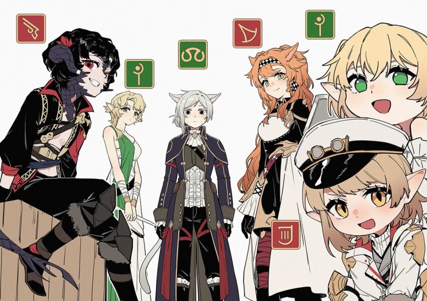 6+girls animal_ears ascot asymmetrical_hair au_ra bard_(final_fantasy) belt black_coat black_dress black_gloves black_hair black_jacket black_pants blonde_hair breasts cat_ears cat_tail center_frills checkered_hairband chest_strap chinese_commentary cleavage coat commentary_request crossover dragon_horns dragon_tail dress druvis_iii elezen elf expressionless facial_mark feather_hair_ornament feathers final_fantasy final_fantasy_xiv frills gloves green_dress green_eyes grey_eyes grey_hair grin hair_bun hair_ornament hairband holding holding_staff horns jacket kemonomimi_mode lalafell long_hair long_sleeves looking_at_viewer machinist_(final_fantasy) miqo&#039;te multiple_girls no_pupils no_shirt open_mouth orange_hair pants pointy_ears red_eyes regulus_(reverse:1999) reverse:1999 ringed_eyes sandals scales schneider_(reverse:1999) scholar_(final_fantasy) short_hair single_side_bun sitting slit_pupils small_breasts smile sonetto_(reverse:1999) sotheby staff summoner_(final_fantasy) tail thigh_strap two-tone_dress vertin_(reverse:1999) warrior_of_light_(ff14) whisker_markings white_ascot white_dress white_headwear white_jacket white_mage_(final_fantasy) wrist_wrap xunyu_(manyu)