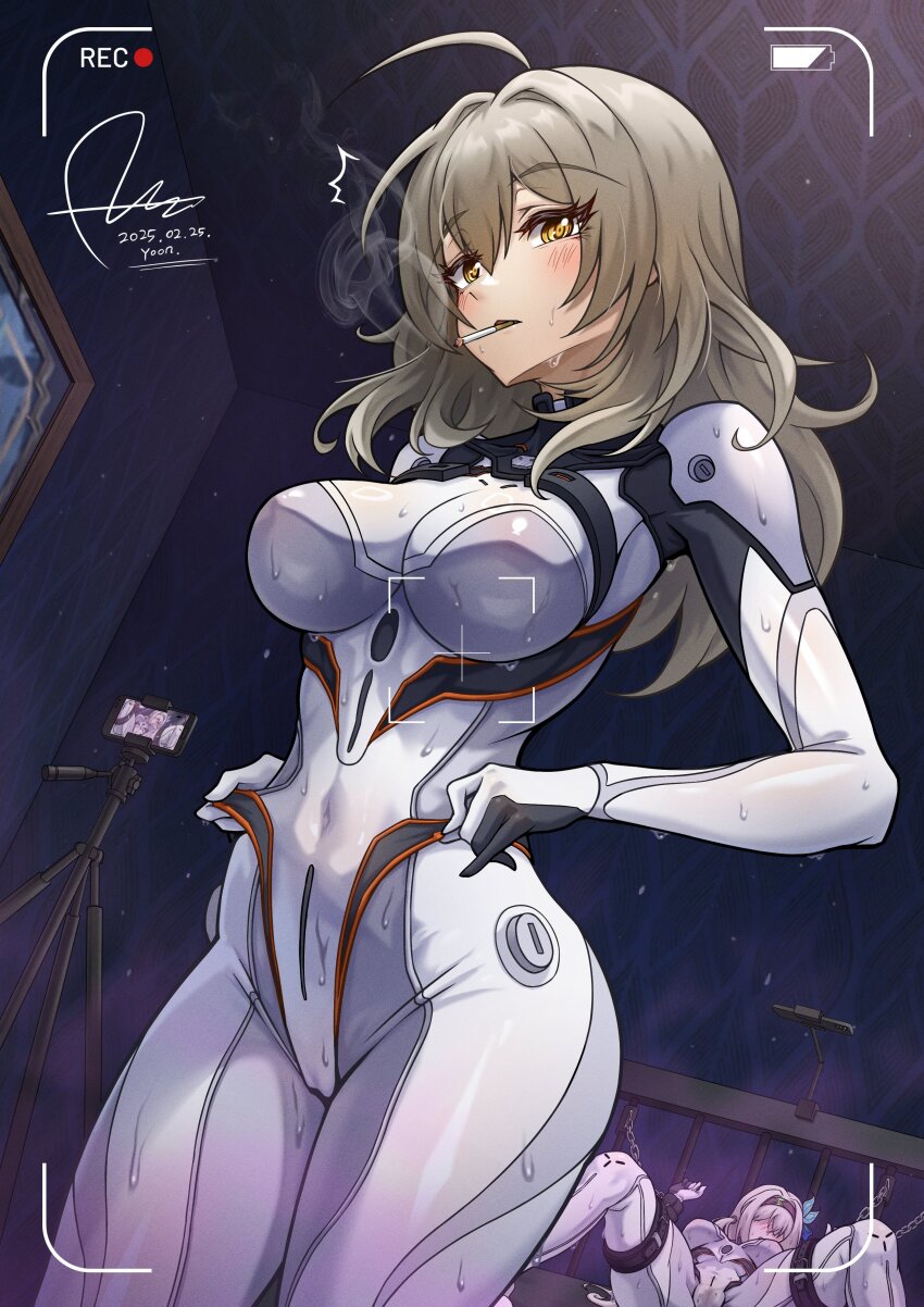 2girls absurdres aftersex bdsm blush bodysuit bondage bound breasts brown_eyes chain cigar cowboy_shot dasoin dated firefly_(honkai:_star_rail) grey_hair highres honkai:_star_rail honkai_(series) large_breasts mecha_pilot_suit multiple_girls plugsuit_(evangelion) pussy_juice recording signature smoking stelle_(honkai:_star_rail) sweat trailblazer_(honkai:_star_rail) white_bodysuit yuri