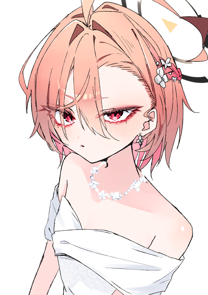 1girl ahoge blue_archive blush breasts dress earrings flower flower_on_head halo highres jewelry mo2upoyo mole mole_under_each_eye mole_under_eye multiple_moles necklace neru_(blue_archive) off-shoulder_dress off_shoulder orange_hair pearl_necklace red_eyes short_hair slit_pupils small_breasts solo white_background white_dress
