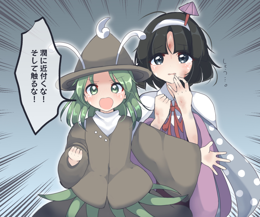 2others amanomiya_jun amanomori_shou androgynous antennae black_hair blood blood_on_face blood_on_hands blue_eyes blush brown_headwear brown_skirt brown_sleeves brown_vest bruise_on_arm collared_shirt commentary_request crying crying_with_eyes_open detached_sleeves green_eyes green_hair hairband hat highres len&#039;en long_hair long_sleeves multiple_others neck_ribbon nose_blush other_focus ougi_hina pink_sweater red_ribbon ribbon shirt short_hair skirt sweater tears umbrella_hair_ornament v-shaped_eyebrows vest white_hairband white_shirt white_sweater wide_sleeves