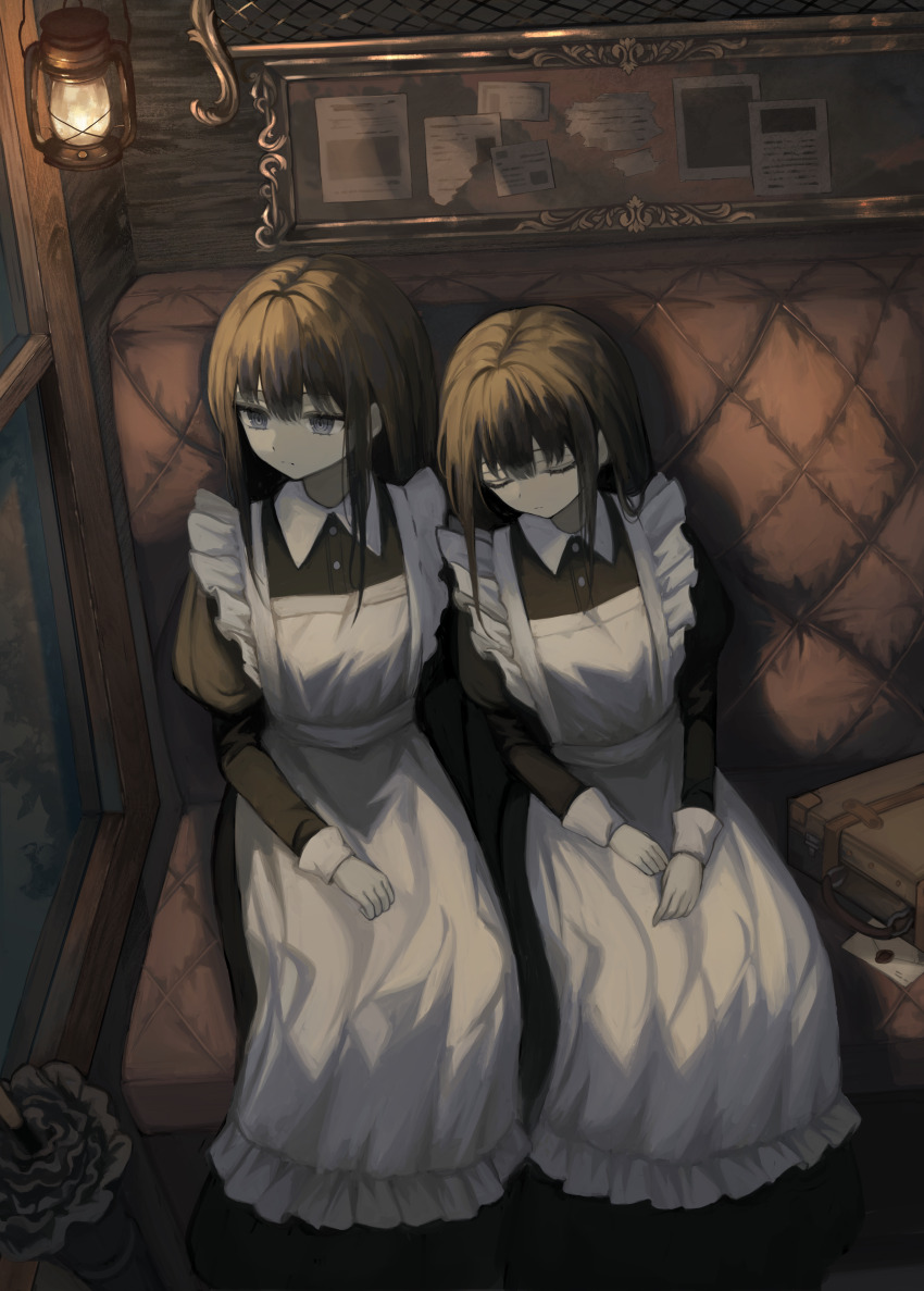 2girls @_@ absurdres apron black_dress black_hair closed_mouth closed_umbrella collared_dress dress envelope expressionless feet_out_of_frame grey_eyes highres juliet_sleeves kkamkkam lantern long_dress long_hair long_sleeves maid maid_apron multiple_girls original puffy_sleeves siblings sitting sleeping sleeping_on_person suitcase train_interior twins umbrella white_apron window