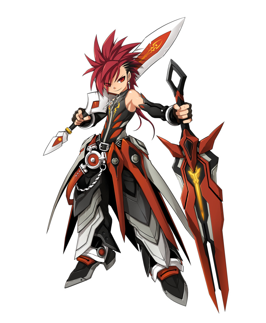 1boy armor armored_boots asymmetrical_hair bare_shoulders belt belt_buckle black_belt black_boots black_gloves black_pants black_shirt black_sleeves boots buckle closed_mouth detached_sleeves determined earrings elsword elsword_(character) eyes_visible_through_hair faulds fingerless_gloves full_body game_cg gloves hair_over_one_eye highres holding holding_sword holding_weapon huge_weapon jewelry long_hair long_sleeves long_sword looking_at_viewer male_focus necklace official_art outstretched_arm over_shoulder pants red_belt red_eyes red_hair ress second-party_source shirt sleeveless sleeveless_shirt smile solo spiked_hair standing studded_belt sword tachi-e transparent_background tsurime turtleneck turtleneck_shirt weapon weapon_over_shoulder zipper