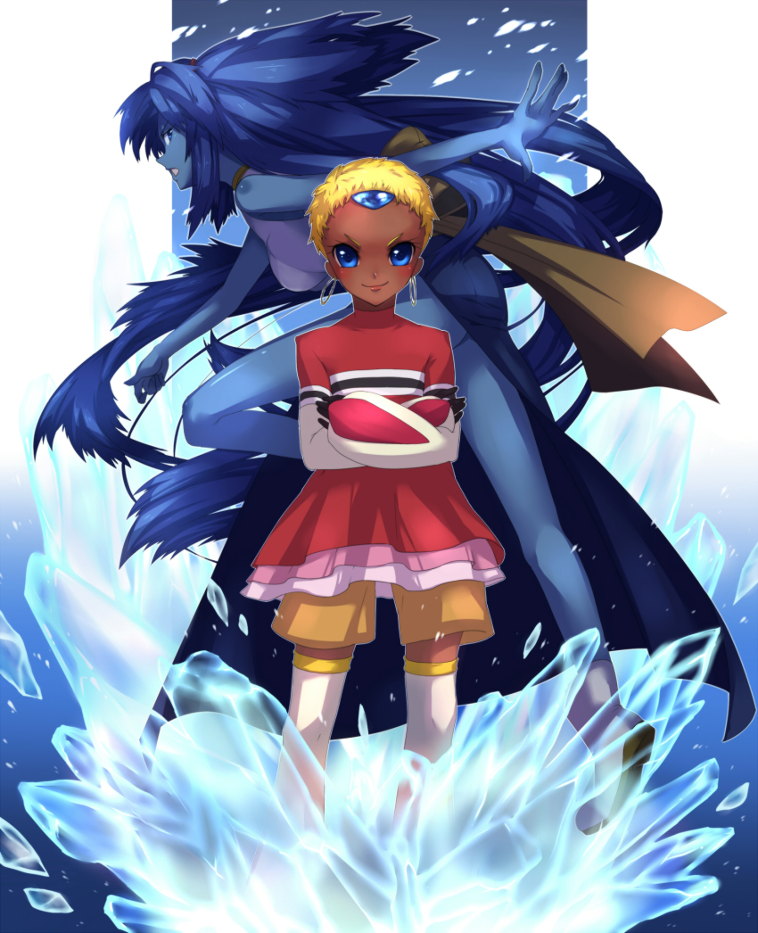 00s 2girls blonde_hair blue_eyes blue_hair blue_skin boots celsius celsius_(tales) chat_(tales) colored_skin crossed_arms dark-skinned_female dark_skin earrings gem highres ice jewelry long_hair multiple_girls nijigami_rin red_shirt shirt short_hair shorts smile tales_of_(series) tales_of_eternia thigh_boots thighhighs white_legwear