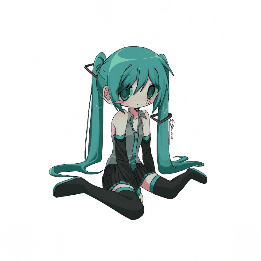 1girl aqua_eyes aqua_hair aqua_necktie black_boots black_skirt black_sleeves blush_stickers boots closed_mouth detached_sleeves full_body grey_shirt hair_ornament hashtag-only_commentary hatsune_miku highres long_hair long_sleeves looking_at_viewer miniskirt necktie pleated_skirt shirt signature simple_background single_blush_sticker sitting skirt sleeveless sleeveless_shirt sn_(sn_utu00) solo thigh_boots twintails very_long_hair vocaloid white_background
