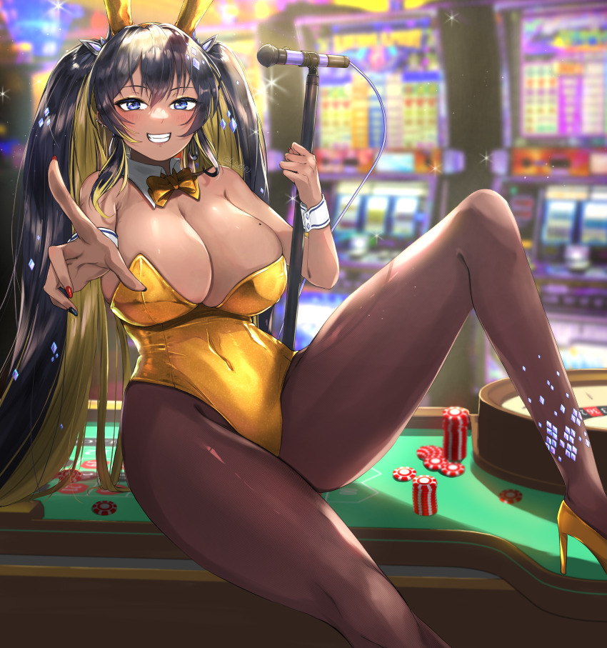 1girl absurdres alternate_costume alternate_hairstyle animal_ears bare_shoulders black_hair blonde_hair blue_eyes bow bowtie breasts brown_pantyhose casino cleavage colored_inner_hair detached_collar fake_animal_ears feet_out_of_frame fujisaki_subaru goddess_of_victory:_nikke high_heels highres holding holding_microphone_stand huge_breasts indoors leotard long_hair looking_at_viewer microphone_stand mole mole_on_breast multicolored_hair noise_(nikke) on_table pantyhose playboy_bunny pointing pointing_at_viewer poker_chip rabbit_ears roulette_table shoes sitting slot_machine smile solo strapless strapless_leotard table twintails two-tone_hair very_long_hair white_wrist_cuffs wrist_cuffs yellow_bow yellow_bowtie yellow_leotard yellow_shoes