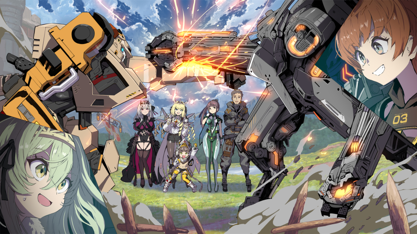 1boy 6+girls :3 adam_(stellar_blade) arm_up banner bare_shoulders black_dress black_hair blonde_hair blue_eyes blue_sky blunt_bangs bodysuit boots breasts brown_hair chime_(nikke) clenched_teeth cloud cloudy_sky commentary_request crossed_arms crossover crown crown_(nikke) dress drill_hair dust_cloud eve_(stellar_blade) exhaust_pipe exoskeleton fence gloves glowing glowing_eyes goddess_of_victory:_nikke green_bodysuit green_eyes green_hair grey_hair grin hair_between_eyes hair_ribbon hand_up hands_up helmet high_heels highres hood incoming_attack incoming_punch inset jumpsuit kilo_(nikke) lamppost lily_artemis_ii_(stellar_blade) long_hair long_sleeves mecha modernia_(nikke) modernia_(second_affection)_(nikke) multicolored_bodysuit multiple_girls open_mouth outdoors own_hands_clasped own_hands_together pantyhose ponytail providence_(stellar_blade) puffy_sleeves punching red_eyes ribbon robot shirt short_hair shorts sky sleeveless smile sparks stellar_blade sweat syope talos_(nikke) teeth thighhighs twin_drills very_long_hair white_bodysuit white_gloves white_shirt wide_sleeves wooden_fence yellow_gloves
