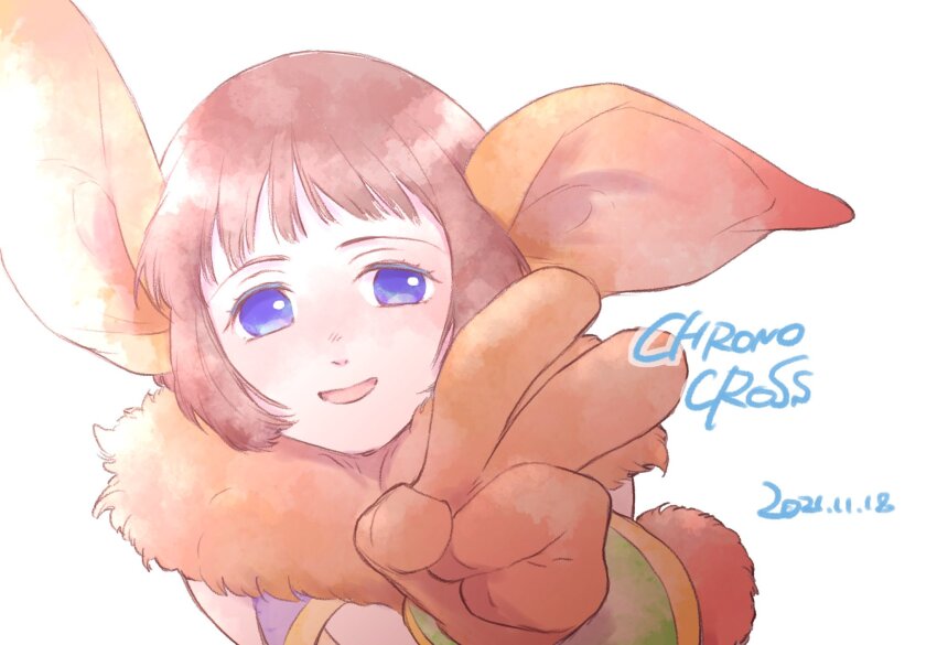 1girl animal_ears animal_hands blue_eyes brown_hair chrono_cross clothing_cutout dated gloves highres janice_(chrono_cross) looking_at_viewer mi_(matilda-mc) monster_girl open_mouth rabbit_ears short_hair simple_background smile solo white_background