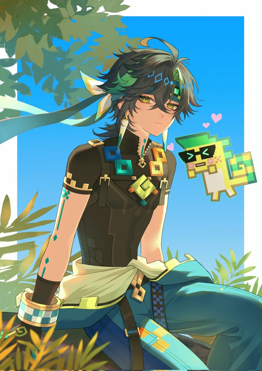 1boy 1other ajaw_(genshin_impact) aqua_pants arm_tattoo black_gloves black_hair black_shirt closed_mouth earrings erzplubdduik93g genshin_impact gloves green_eyes green_hair hair_between_eyes headband highres jewelry kinich_(genshin_impact) looking_at_viewer male_focus multicolored_hair neck_tattoo pants shirt short_hair short_sleeves sitting streaked_hair tattoo
