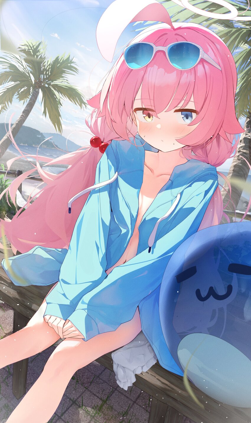 1girl :3 absurdres ahoge bare_legs bench bikini blue-tinted_eyewear blue_archive blue_eyes blue_jacket blue_sky blush breasts closed_mouth cloud collarbone day eyes_visible_through_hair eyewear_on_head feet_out_of_frame hair_between_eyes hair_bobbles hair_ornament halo hands_on_lap hands_on_own_thighs heterochromia highres hood hooded_jacket hoshino_(blue_archive) hoshino_(swimsuit)_(blue_archive) huge_ahoge inflatable_toy inflatable_whale jacket loli long_hair long_sleeves looking_at_viewer low_twintails naked_jacket navel on_bench open_clothes open_jacket outdoors palm_tree pink_hair pink_halo sitting sky sleeves_past_wrists small_breasts solo sunglasses sunlight sweatdrop swimsuit thighs tinted_eyewear tree twintails unworn_bikini white_bikini wooden_bench yamada_auto yellow_eyes