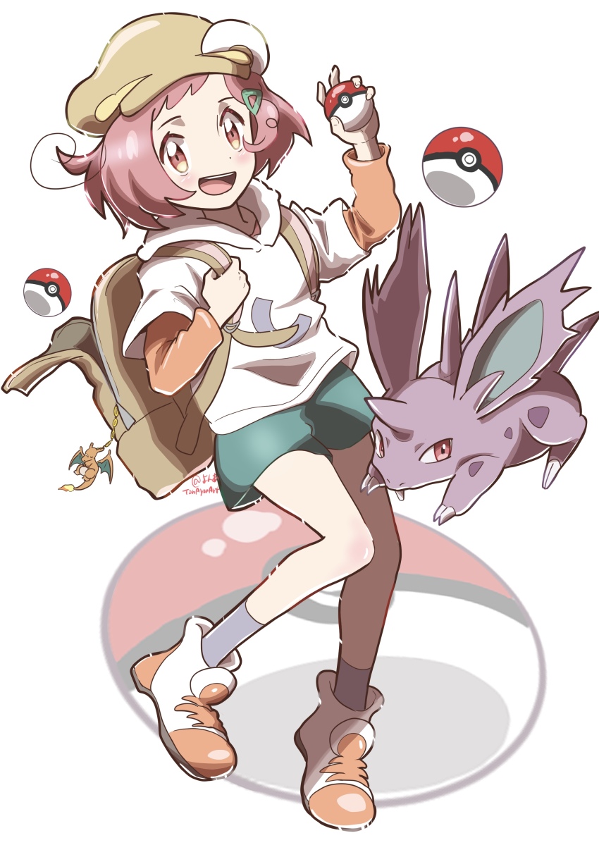 1girl absurdres animal bag blossom_(pokemon) claws gen_1_pokemon hair_ornament hat highres holding holding_poke_ball looking_at_viewer nidoran nidoran_(male) nintendo open_mouth poke_ball pokemon pokemon_(anime) pokemon_(creature) poketoon sheyona shoes short_hair shorts socks