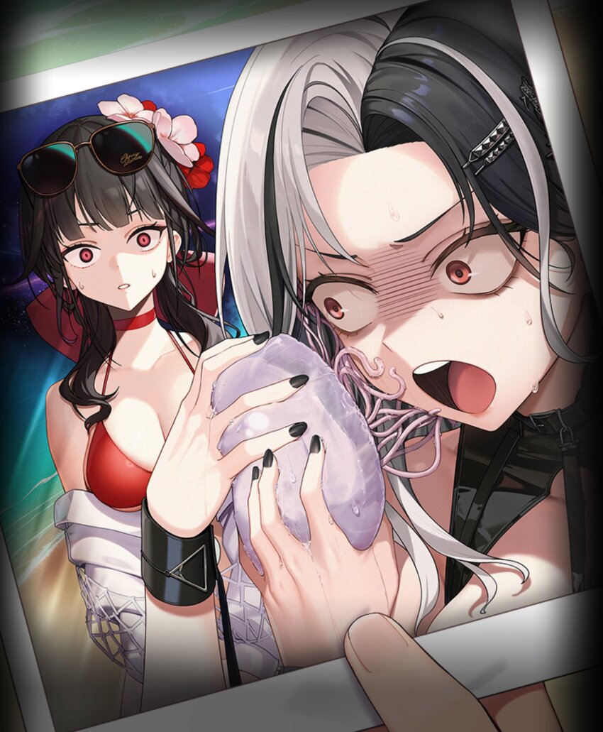 2girls animal beach bikini black_hair black_nails bow breasts choker cleavage commentary constricted_pupils curtained_hair eyewear_on_head flower gloom_(expression) goddess_of_victory:_nikke hair_bow hair_flower hair_ornament hairclip highres holding holding_animal holding_photo jacket jam_(nandade) jellyfish long_hair looking_to_the_side medium_breasts multicolored_hair multiple_girls nail_polish official_alternate_costume official_art open_mouth orange_eyes parted_lips photo_(object) red_bikini red_bow red_choker red_eyes rosanna_(chic_ocean)_(nikke) rosanna_(nikke) sakura_(bloom_in_summer)_(nikke) sakura_(nikke) shocked_pupils split-color_hair string_bikini sunglasses surprised sweatdrop swimsuit two-tone_hair upper_body v-shaped_eyebrows white_hair white_jacket wide-eyed wrist_cuffs