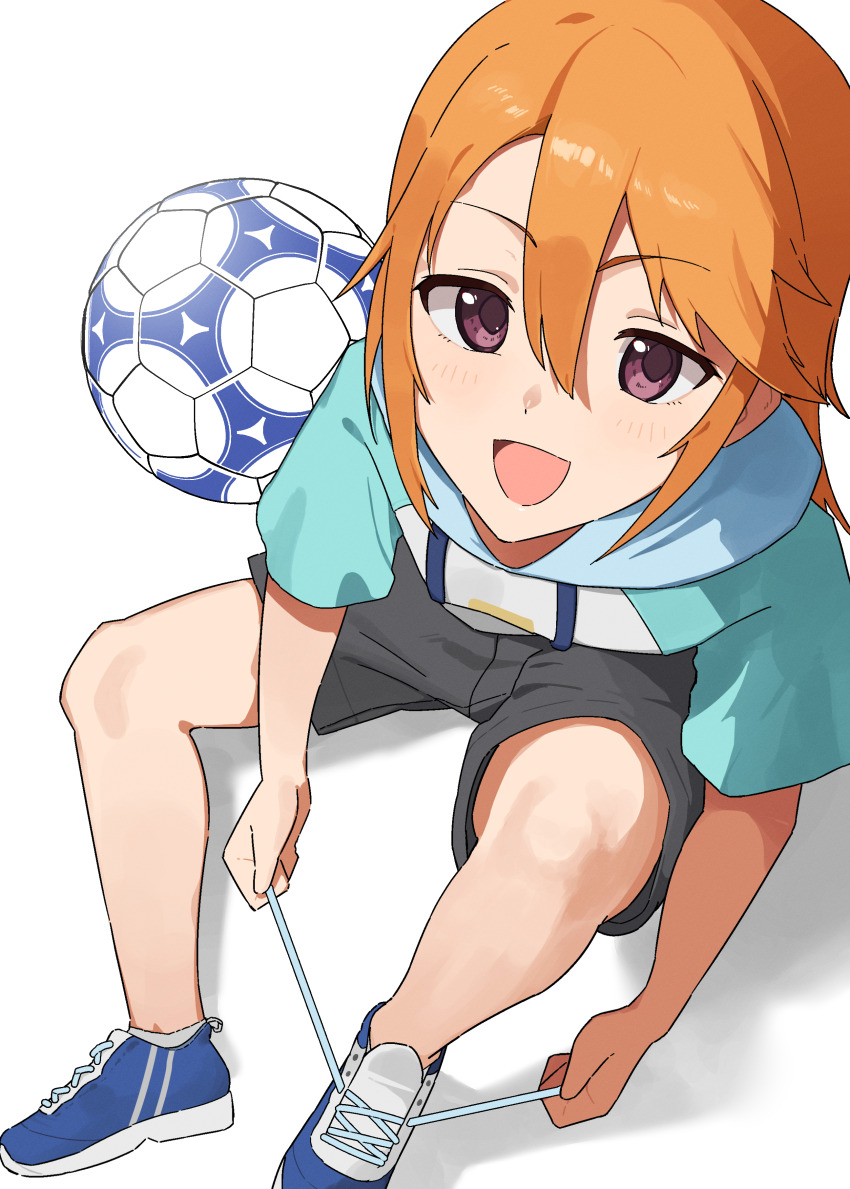 1girl :d absurdres ball black_shorts blue_shoes commentary_request garuku1120 hair_between_eyes highres hood hoodie idolmaster idolmaster_cinderella_girls light_blush long_hair open_mouth orange_hair purple_eyes shoes short_sleeves shorts simple_background sitting smile sneakers soccer_ball solo tying_footwear white_background yuuki_haru