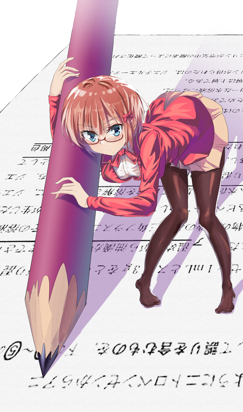 1girl blue_eyes blush bokutachi_wa_benkyou_ga_dekinai bow breasts glasses hair_bow highres holding holding_pencil large_breasts ogata_rizu orange_hair pantyhose pencil school_uniform shirt skirt solo standing