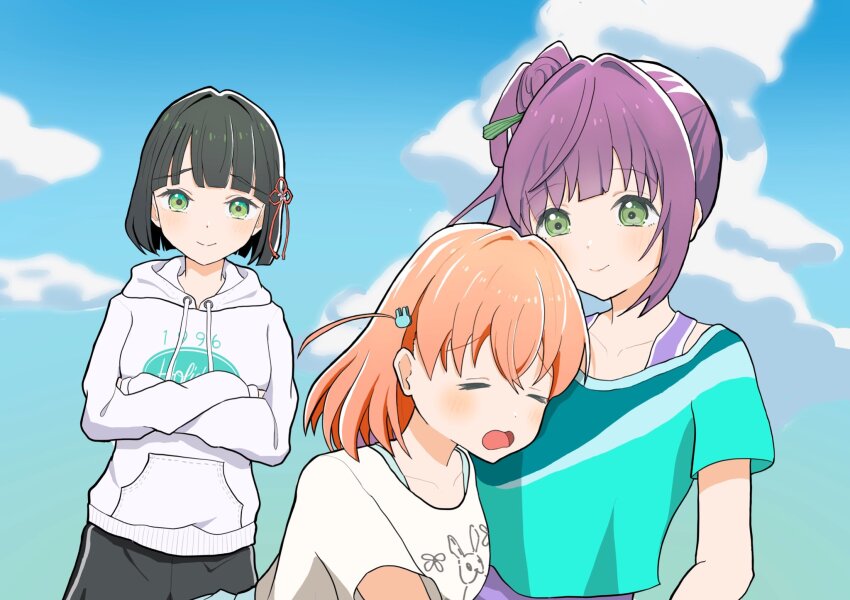 3girls black_hair blunt_bangs blunt_ends blush bob_cut cerise_bouquet closed_mouth collarbone commentary_request cropped_shirt crossed_arms crossed_bangs flower flower_knot green_eyes green_shirt hair_between_eyes hair_bun hair_flower hair_intakes hair_ornament highres hinoshita_kaho hinoshita_kaho_(summer_training_wear) hood hood_down hoodie link!_like!_love_live! long_hair long_sleeves love_live! medium_hair momose_ginko momose_ginko_(summer_training_wear) multiple_girls orange_hair otomune_kozue otomune_kozue_(summer_training_wear) pink_flower purple_hair purple_tank_top seaus shirt short_hair short_sleeves side_ponytail sidelocks single_side_bun smile tank_top tassel tassel_hair_ornament upper_body virtual_youtuber white_hoodie white_shirt