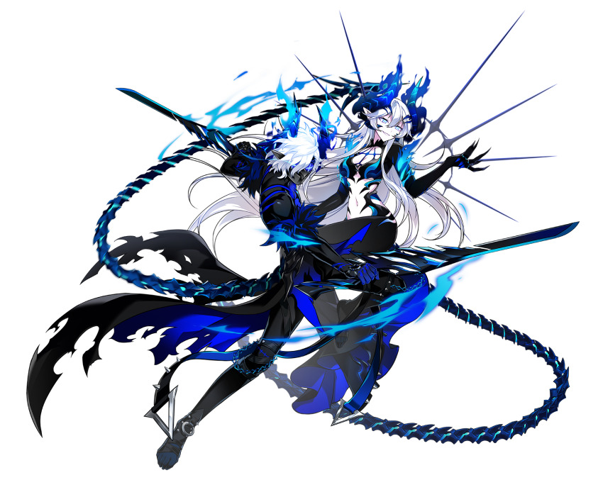 1girl black_bodysuit black_boots black_cape black_gloves blue_eyes blue_fire blue_horns bodysuit boots breasts cape claws cleavage cleavage_cutout clothing_cutout demon_girl demon_horns demon_tail elsword fire flaming_horns full_body game_cg gloves hair_between_eyes hair_ornament hairclip highres horns hwansang invisible_chair knee_up long_hair long_sleeves luciela_r._sourcream marking_on_cheek medium_breasts navel official_alternate_costume official_art pale_skin parted_lips pointy_ears second-party_source sitting smirk solo stomach_cutout tachi-e tail the_white-haired_girl_(fata_morgana_no_yakata) torn_cape torn_clothes transparent_background very_long_hair