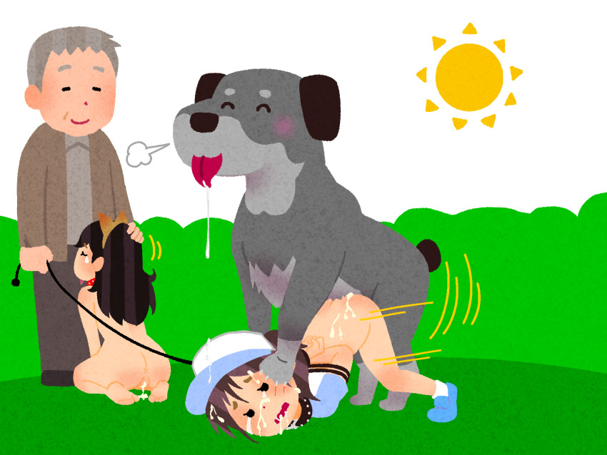 1boy 2girls ^_^ after_vaginal aftersex afunai animal_ears arms_behind_back baseball_cap bdsm bestiality black_hair blood blue_footwear blush bondage bound closed_eyes clothed_male_nude_female crying crying_with_eyes_open cum cum_in_pussy cum_overflow cumdrip doggystyle drooling fake_animal_ears fellatio happy hat headpat highres human_dog injury irasutoya leash loli long_hair motion_lines multiple_girls no_lineart nude oral original outdoors pet_play pubic_hair pussy rape saliva scratches sex sex_from_behind sitting smile snort standing sun tail tears top-down_bottom-up wariza zenra