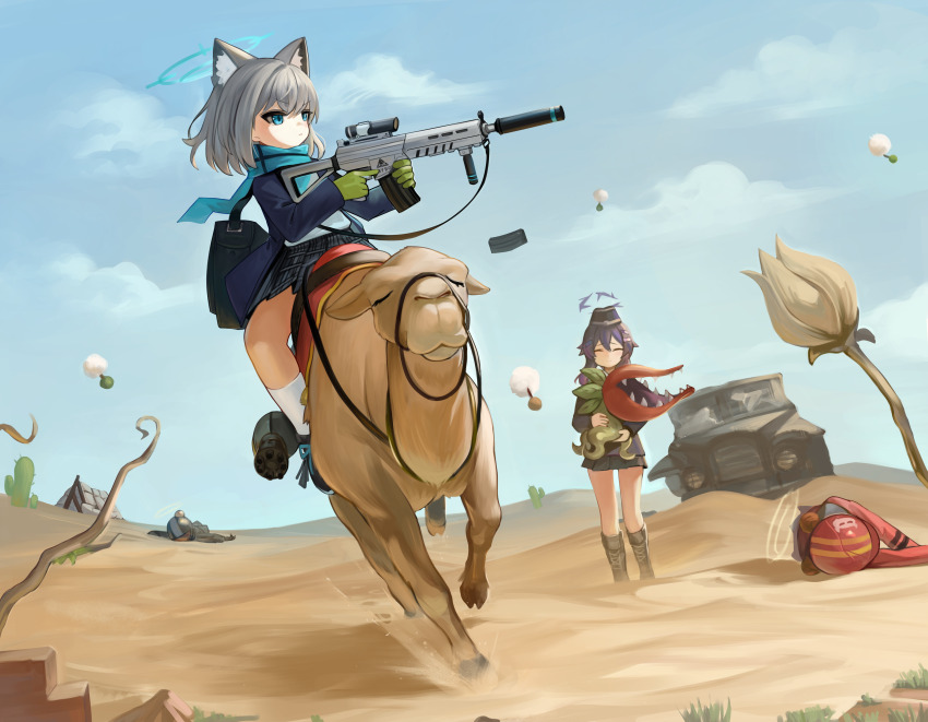 4girls absurdres animal_ear_fluff animal_ears aqua_scarf assault_rifle black_skirt blue_archive blue_eyes boots brown_hair cactus camel crossover day desert dokomon double_bun extra_ears gloves green_gloves grey_hair grey_skirt gun hair_between_eyes hair_bun hair_ornament hairclip halo haruka_(blue_archive) hat helmet helmet_gang_officer_(blue_archive) helmet_gangster_(blue_archive) highres holding holding_gun holding_weapon jacket long_sleeves medium_hair metal_slug military_jeep miniskirt monster motor_vehicle multiple_girls outdoors plaid_clothes plaid_skirt plant_monster pleated_skirt purple_hair red_jacket riding rifle scarf school_uniform seed shiroko_(blue_archive) sig_sauer sig_sauer_556 skirt socks sv-camel weapon white_socks wolf_ears wolf_girl yellow_halo