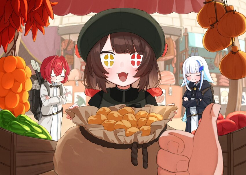 +_+ 3znk 4girls :3 ange_katrina backpack bag belt black_bow black_bowtie black_coat black_shirt blue_hair blunt_bangs blush bow bowtie brown_bag brown_belt brown_hair butcher_shop_(place) closed_eyes closed_mouth coat colored_inner_hair crossed_arms day dress excited fang fisheye food green_dress green_hat grey_bag grey_coat grocery_store hair_between_eyes hair_intakes hair_ornament hanging_food hashtag-only_commentary hat heterochromia highres holding holding_sack inui_toko linked_sausages lize_helesta long_hair long_sidelocks long_sleeves looking_at_viewer low_twintails market market_stall meat multicolored_hair multiple_girls nijisanji official_alternate_costume open_mouth out_of_frame outdoors page_of_lambda potato pov pov_across_table red_eyes red_hair red_scrunchie sack sanbaka_(nijisanji) scrunchie shirt shopping short_hair sidelocks smile streaked_hair thumbs_up triangle_hair_ornament twintails two-tone_hair vegetable very_long_hair virtual_youtuber white_dress white_hair wide-eyed wooden_box yellow_eyes