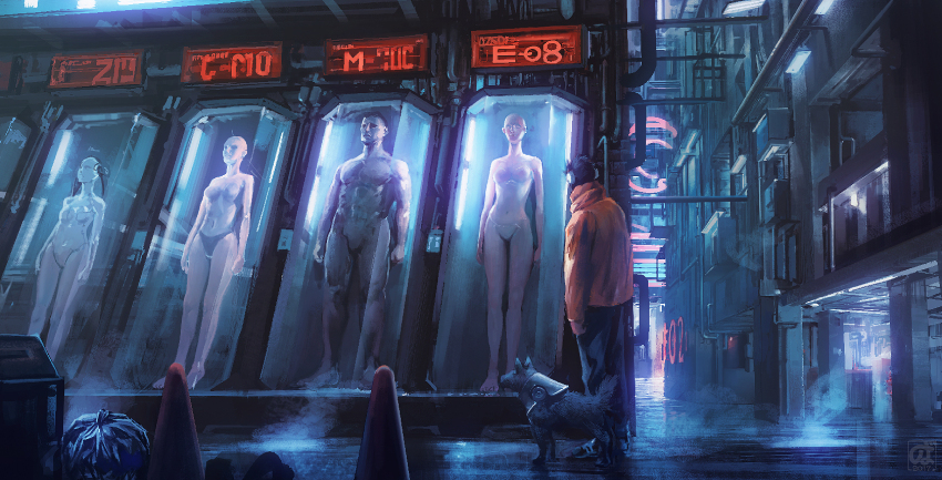 1boy alley android black_pants cityscape display_case dog highres jacket neon_lights noba orange_jacket original outdoors panties pants science_fiction traffic_cone trash_bag underwear