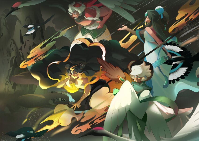 1boy 3girls bandal bird black_hair blue_dress cloud_deity_cookie cloud_hair cookie_run crane_(animal) dress eyelashes facial_hair fire folded_umbrella goatee highres long_hair multiple_girls rain_deity_cookie stormbringer_cookie white_hair wind_deity_cookie winged_arms wings