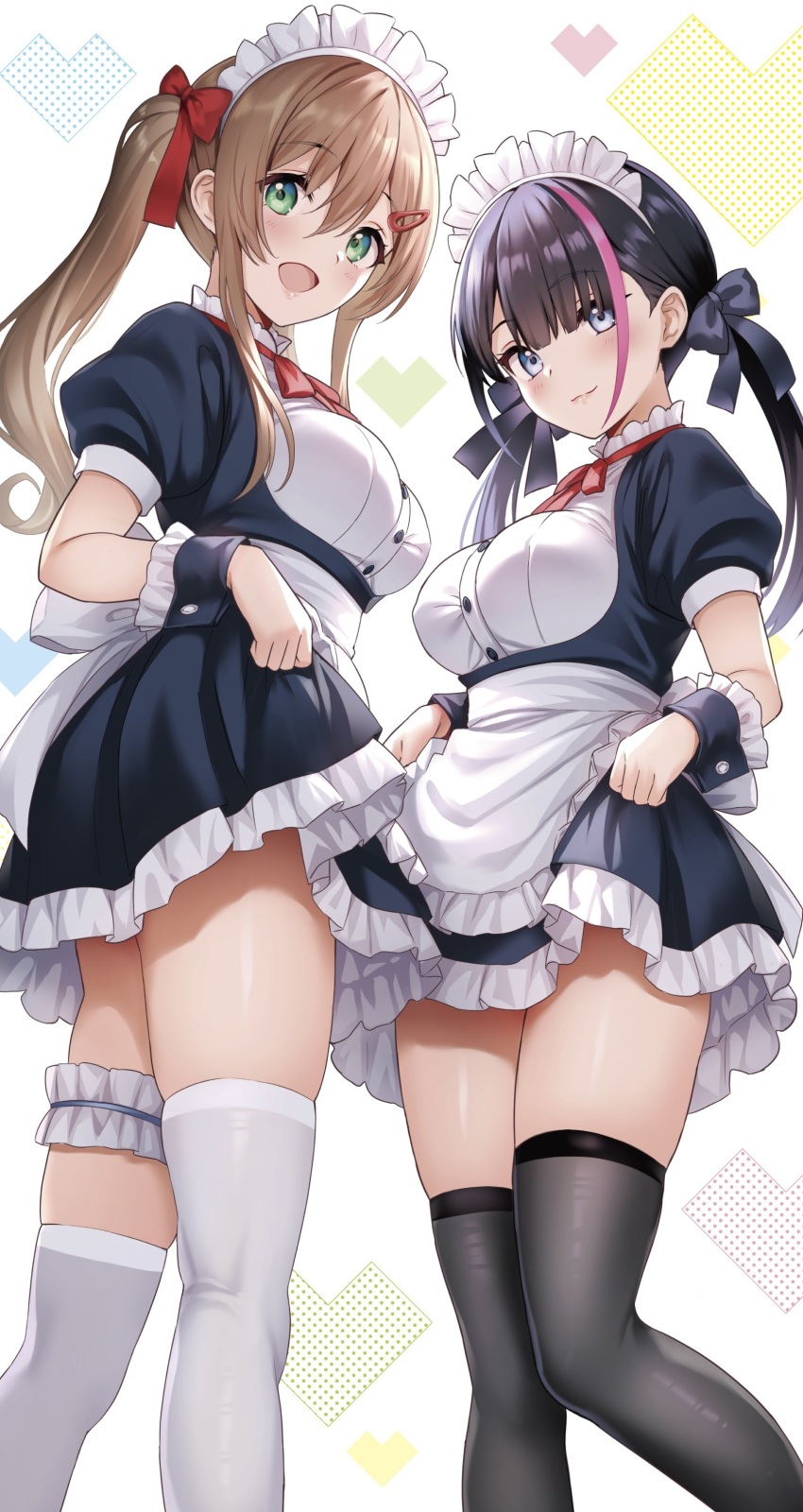2girls :d absurdres alternate_costume apron black_dress black_hair black_thighhighs brown_hair clothes_lift dress dress_lift enmaided feet_out_of_frame framed_breasts green_eyes heart highres imouto_wa_kanojo_ni_dekinai_no_ni lifting_own_clothes long_hair maid maid_headdress multicolored_hair multiple_girls novel_illustration official_art open_mouth purple_eyes red_hair sakuraba_fuyu sankuro_(agoitei) second-party_source simple_background smile standing streaked_hair thigh_scrunchie thighhighs tsukuyomi_akiho twintails white_apron white_background wrist_cuffs