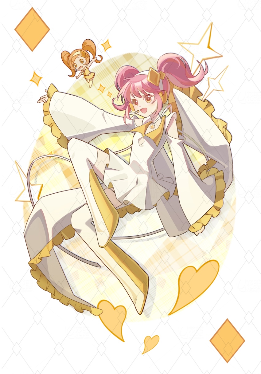 2girls ace_(playing_card) ace_of_diamonds amulet_dia bare_shoulders boots brown_eyes brown_hair card card_(medium) chen_quming_hao_nan chibi chinese_commentary cleavage_cutout clothing_cutout coattails collared_dress commentary_request dia_(shugo_chara!) diamond_(shape) diamond_cutout diamond_hair_ornament dot_nose dress egg eyelashes frilled_sleeves frills full_body hairband headphones headset highres hinamori_amu humpty_lock_(shugo_chara!) idol invisible_chair light_blush long_sleeves magical_girl midriff mini_person minigirl miniskirt multicolored_boots multiple_girls neck_ribbon open_mouth outstretched_arm outstretched_arms pink_hair playing_card pleated_dress ribbon shirt short_dress short_hair short_twintails shoulder_cutout shugo_chara! sitting skirt skirt_set sleeveless sleeveless_shirt sleeves_past_fingers sleeves_past_wrists smile sparkle thigh_boots twintails two-tone_boots watermark watermark_grid white_boots white_dress white_hairband white_ribbon wide_sleeves yellow_boots yellow_shirt yellow_skirt