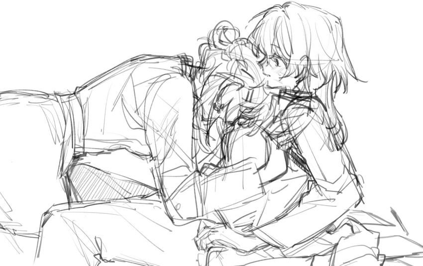 2girls between_legs blush chief_(path_to_nowhere) commentary_request female_chief_(path_to_nowhere) greyscale hand_on_another&#039;s_shoulder head_on_chest highres long_hair long_sleeves monochrome multiple_girls nightingale_(path_to_nowhere) parted_lips path_to_nowhere pen sashimi_kimochi shirt sketch skirt sweatdrop vietnamese_commentary