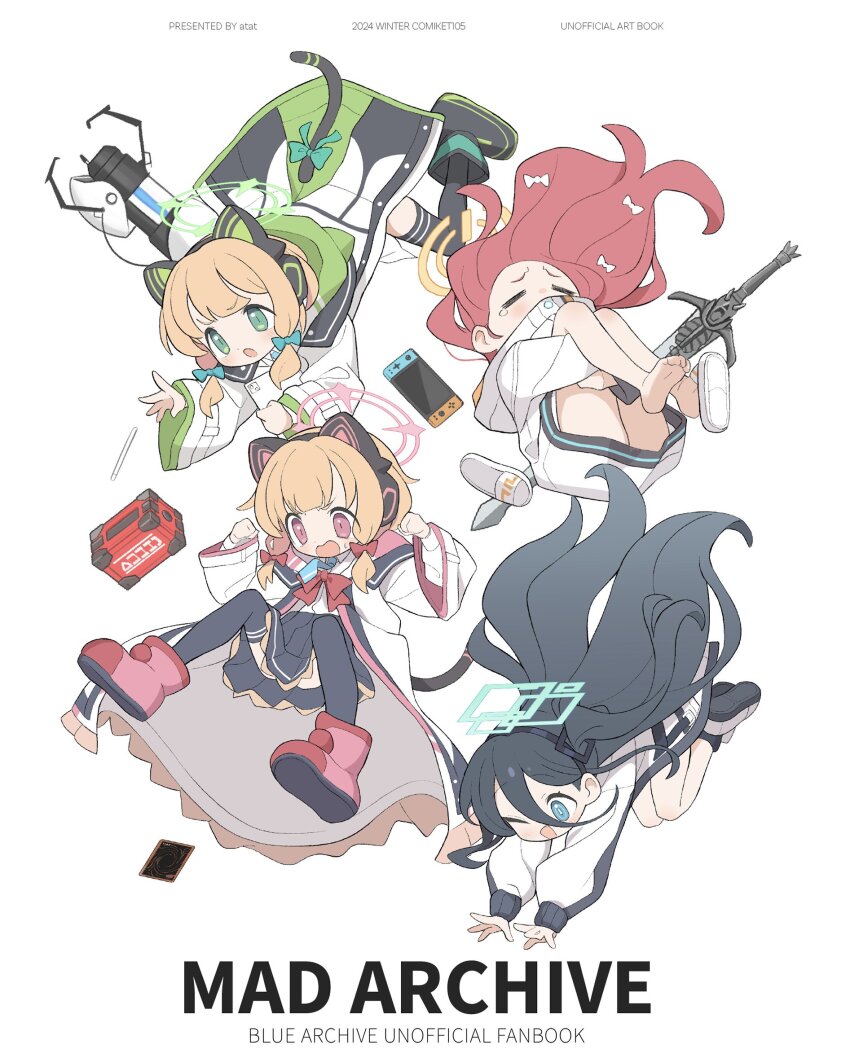 4girls :o ;d =_= animal_ear_headphones animal_ears aperture_science_handheld_portal_device aqua_halo aris_(blue_archive) black_coat black_hair black_hairband black_skirt black_thighhighs blonde_hair blue_archive blue_eyes blue_necktie blush boots bow box card cat_ear_headphones cat_tail clenched_hand coat copyright_name english_text fake_animal_ears feet fetal_position flip-flops floating_hair frown green_coat green_eyes green_footwear green_halo green_ribbon grey_footwear hair_between_eyes hair_bow hairband halo handheld_game_console hands_up headphones highres hood hooded_coat ketsu_juuji_killer_(kejuki) long_hair medium_hair midori_(blue_archive) momoi_(blue_archive) multicolored_coat multiple_girls neck_ribbon necktie one_eye_closed open_mouth orange_halo pink_boots pink_coat pink_eyes pink_halo playing_card red_bow red_footwear red_hair red_ribbon ribbon sandals shirt simple_background single_bare_foot skirt smile sword tail tail_ornament tail_ribbon tearing_up thighhighs two-tone_coat two-tone_footwear unworn_footwear very_long_hair weapon white_background white_bow white_coat white_footwear white_shirt yuzu_(blue_archive)