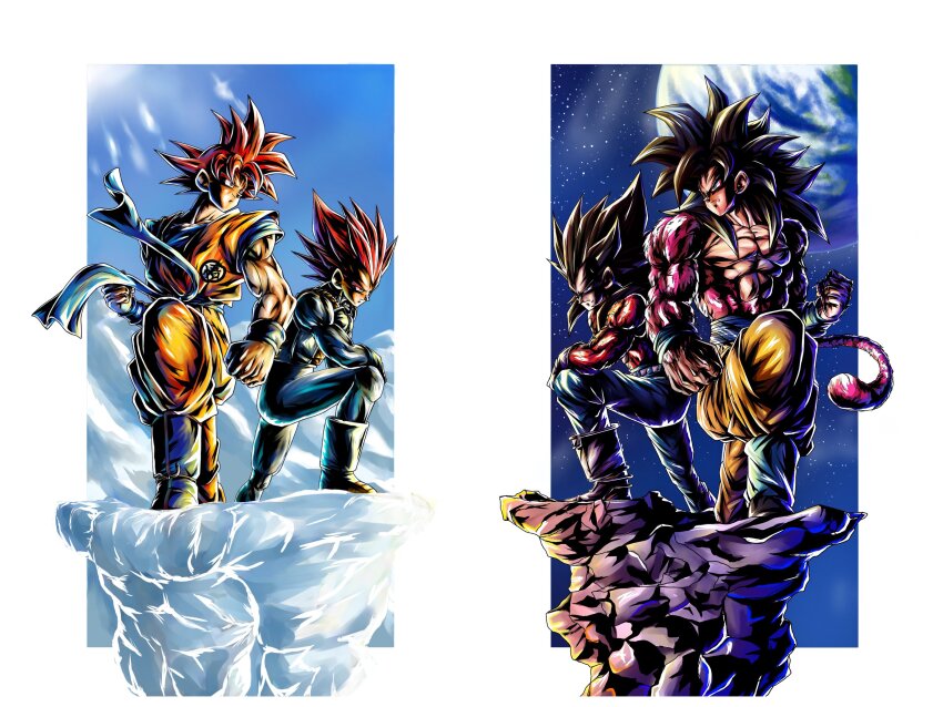 4boys absurdres armor black_hair blue_bodysuit blue_boots blue_eyes blue_pants blue_shirt blue_sky blue_wrist_cuffs body_fur bodysuit boots commentary_request denim dougi dragon_ball dragon_ball_gt dragon_ball_super dragon_ball_super_broly earth_(planet) full_body highres ice in-franchise_crossover long_hair male_focus medium_hair monkey_tail multiple_boys muscular muscular_male nazunnio1225 orange_pants orange_shirt pants planet red_fur red_hair red_tail saiyan_armor shirt simple_background skin_tight sky son_goku space spiked_hair standing sun super_saiyan super_saiyan_4 super_saiyan_god tail topless_male vegeta white_armor white_background white_boots wrist_cuffs yellow_eyes yellow_pants