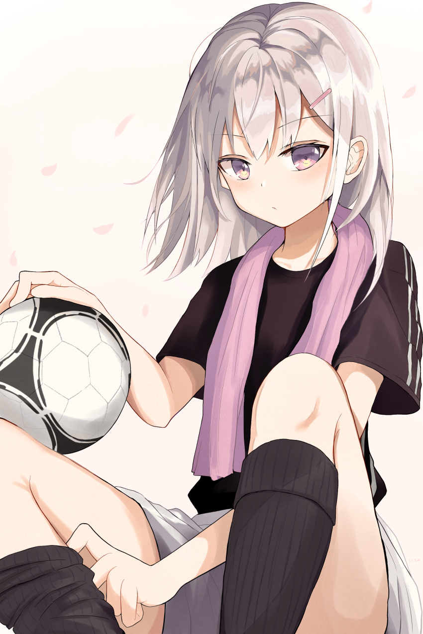 1girl 1ssakawaguchi absurdres bad_id bad_pixiv_id ball black_shirt black_socks blush collarbone commentary_request expressionless feet_out_of_frame grey_hair hair_ornament hairclip highres holding holding_ball kneehighs kneehighs_pull looking_at_viewer medium_hair original petals purple_eyes removing_legwear shirt short_sleeves shorts sitting soccer soccer_ball soccer_uniform sock_pull socks solo sportswear thighs towel towel_around_neck white_shorts yellow_background