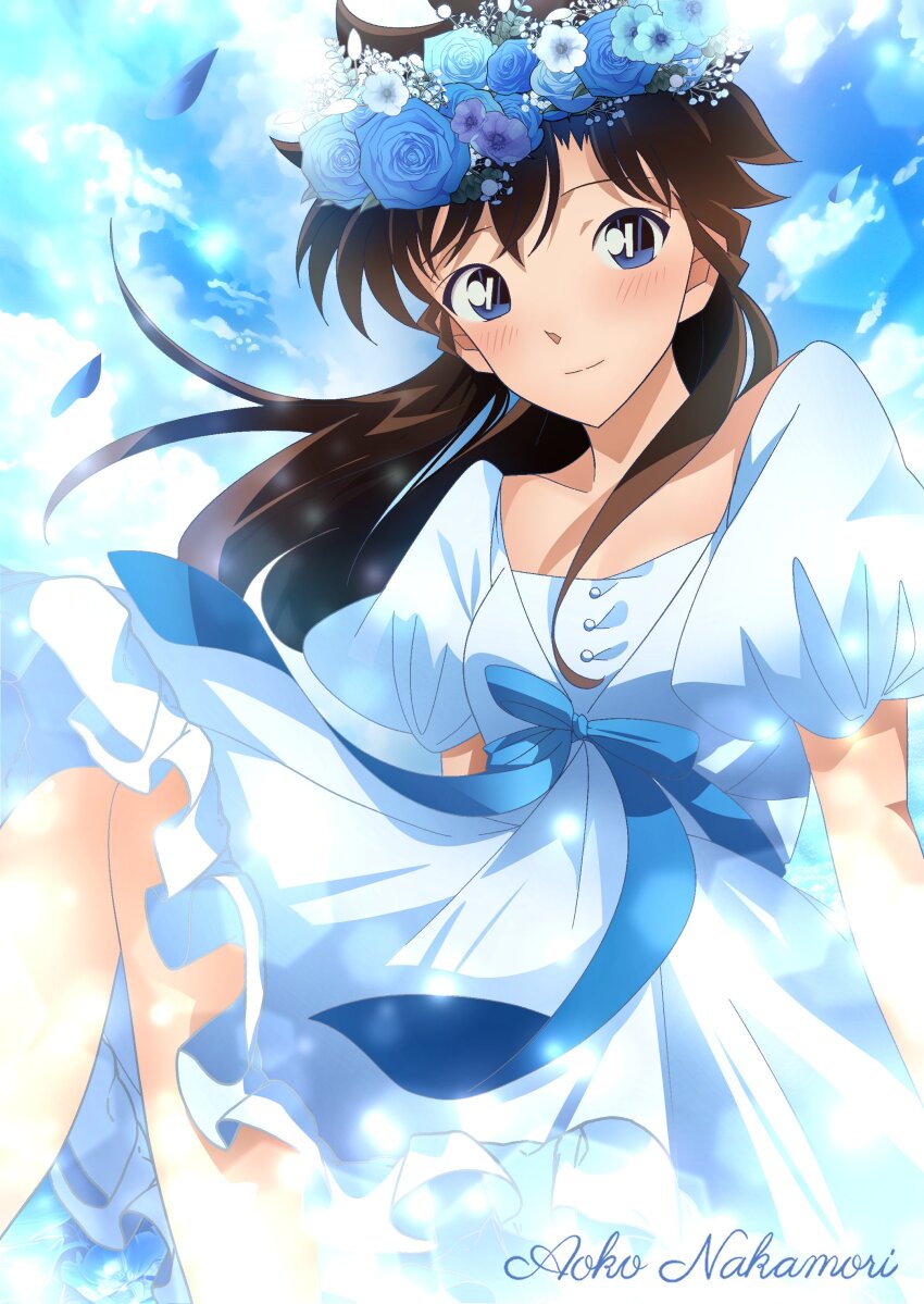 1girl absurdres black_hair blue_eyes blue_flower blue_petals blue_ribbon blue_rose blush character_name closed_mouth day dress falling_petals feet_out_of_frame floating_hair flower frilled_dress frills head_wreath highres knees_up lens_flare long_hair looking_at_viewer magic_kaito nakamori_aoko outdoors petals ribbon rose short_sleeves solo tomoe00022 white_dress