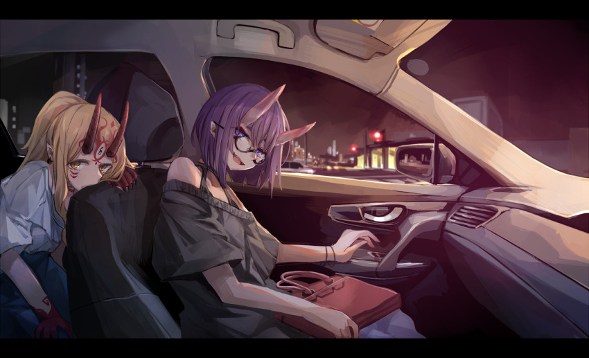 2girls bag black_shirt blonde_hair blouse bracelet bracer city city_lights contemporary demon_horns driving earrings fate/grand_order fate_(series) glasses hair_ornament highres horns ibaraki_douji_(fate) jewelry letterboxed long_hair looking_at_viewer miyabino_(miyabi1616) multiple_girls open_mouth purple_eyes purple_hair shirt short_hair shuten_douji_(fate) shuten_douji_(onmyoji) sitting smile tattoo white_shirt yellow_eyes