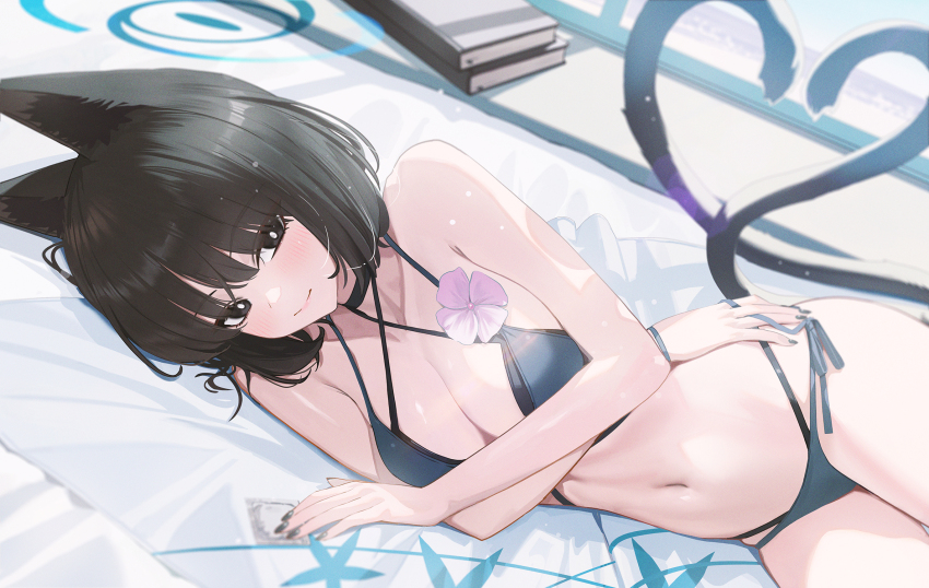 1girl animal_ears bikini black_eyes black_hair black_nails black_tail blue_archive blue_bikini blue_halo blush book breasts cat_ears cat_girl cat_tail cleavage condom criss-cross_halter criss-cross_straps fieryonion flower halo halterneck highres kikyou_(blue_archive) kikyou_(swimsuit)_(blue_archive) layered_bikini looking_at_viewer lying multiple_tails navel official_alternate_costume on_side short_hair side-tie_bikini_bottom solo stomach swimsuit tail two_tails