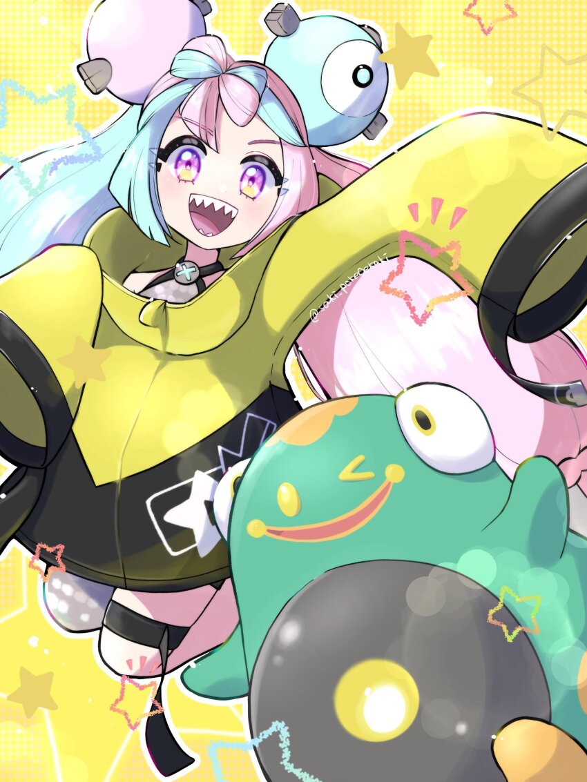 1girl arm_up bare_shoulders bellibolt blue_hair bow-shaped_hair character_hair_ornament fake_hair_bun full_body grey_pantyhose hair_ornament hexagon_print highres iono_(pokemon) jacket long_hair looking_at_viewer low-tied_long_hair multicolored_hair nintendo one_eye_closed open_mouth oversized_clothes pantyhose pink_hair pokemon pokemon_(creature) pokemon_sv purple_eyes saki_pokeoekaki sharp_teeth simple_background single_leg_pantyhose sleeves_past_fingers sleeves_past_wrists split-color_hair star_(symbol) teeth two-tone_hair very_long_sleeves x yellow_background yellow_eyes yellow_jacket