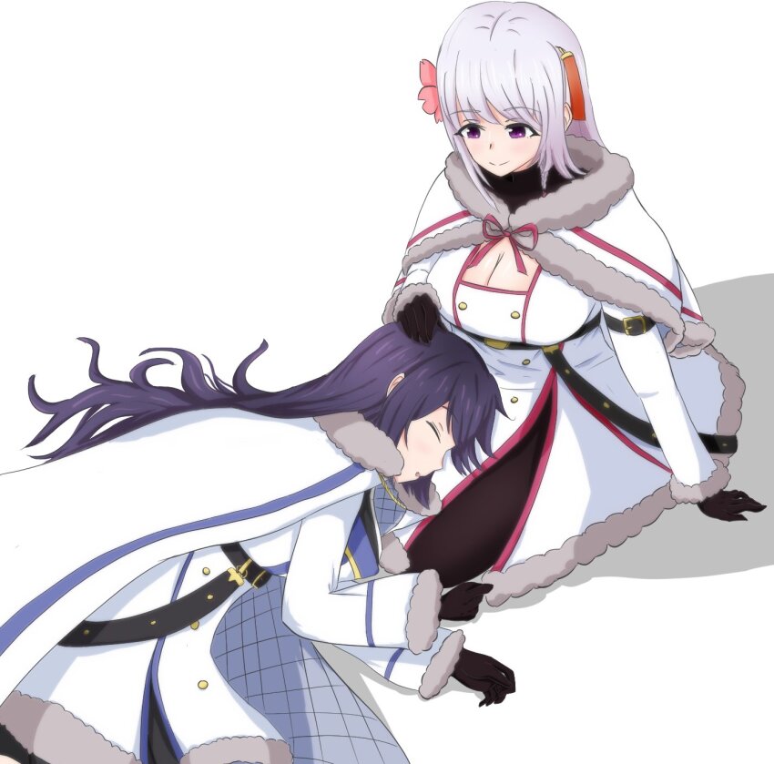 2girls arm_at_side arm_belt assault_lily belt belt_buckle black_belt black_gloves black_pantyhose breasts buckle buttons cape capelet chest_belt cleavage closed_eyes coat commentary flower from_above funada_kiito funada_ui fur-trimmed_cape fur-trimmed_capelet fur-trimmed_coat fur-trimmed_sleeves fur_trim gloves grey_hair hair_flower hair_ornament hair_ribbon hair_spread_out hand_on_another&#039;s_head hand_up hands_up highres lap_pillow large_breasts light_blush long_hair long_sleeves looking_at_another looking_down lying multiple_girls neck_ribbon nukenin_(maato) official_alternate_costume on_side pantyhose parted_lips pink_flower pink_ribbon profile purple_eyes purple_hair red_ribbon ribbon seiza shadow siblings simple_background sisters sitting sleeping smile underbust white_background white_capelet white_coat winter_clothes